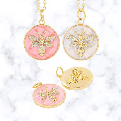 Bee Charm | CZ Bee Medallion Pendant | Shell Enamel Round Charm, Gold Plated