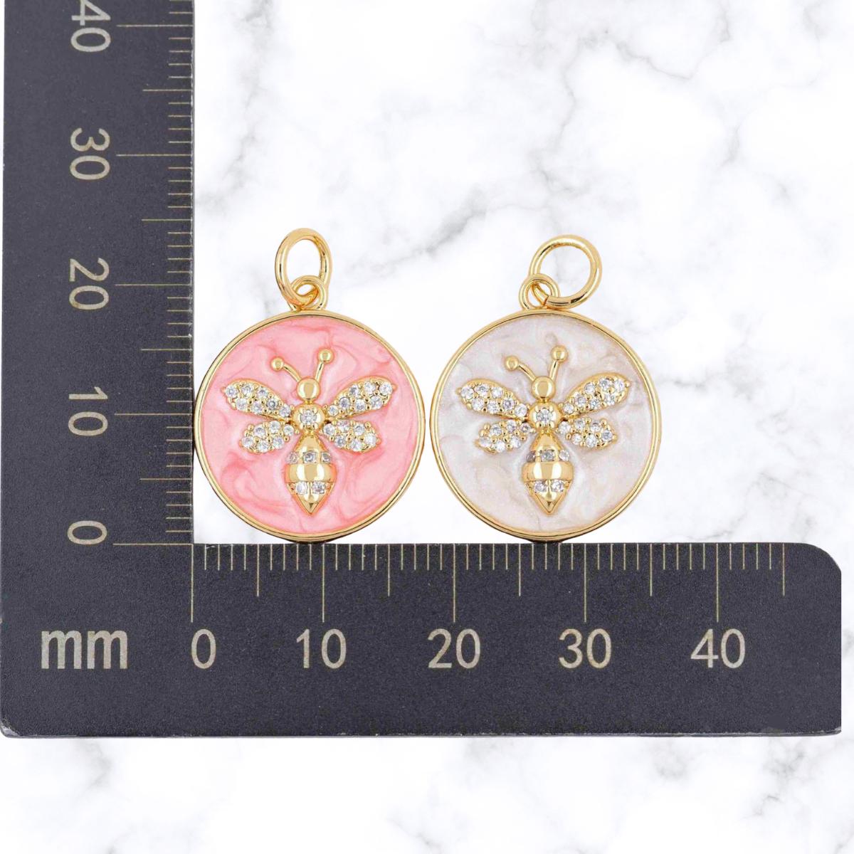 Bee Charm | CZ Bee Medallion Pendant | Shell Enamel Round Charm, Gold Plated