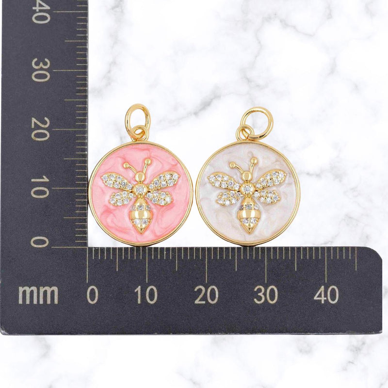 Bee Charm | CZ Bee Medallion Pendant | Shell Enamel Round Charm, Gold Plated