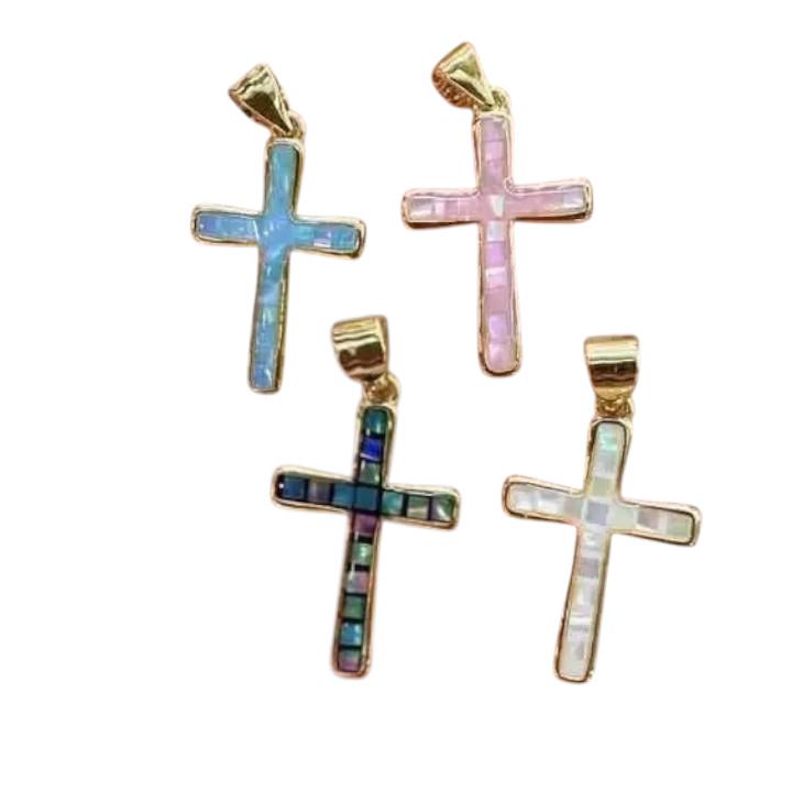 Gold Plated Opal Cross Pendant | Colorful Opal Inlay Cross Charm | Religious Necklace Pendant