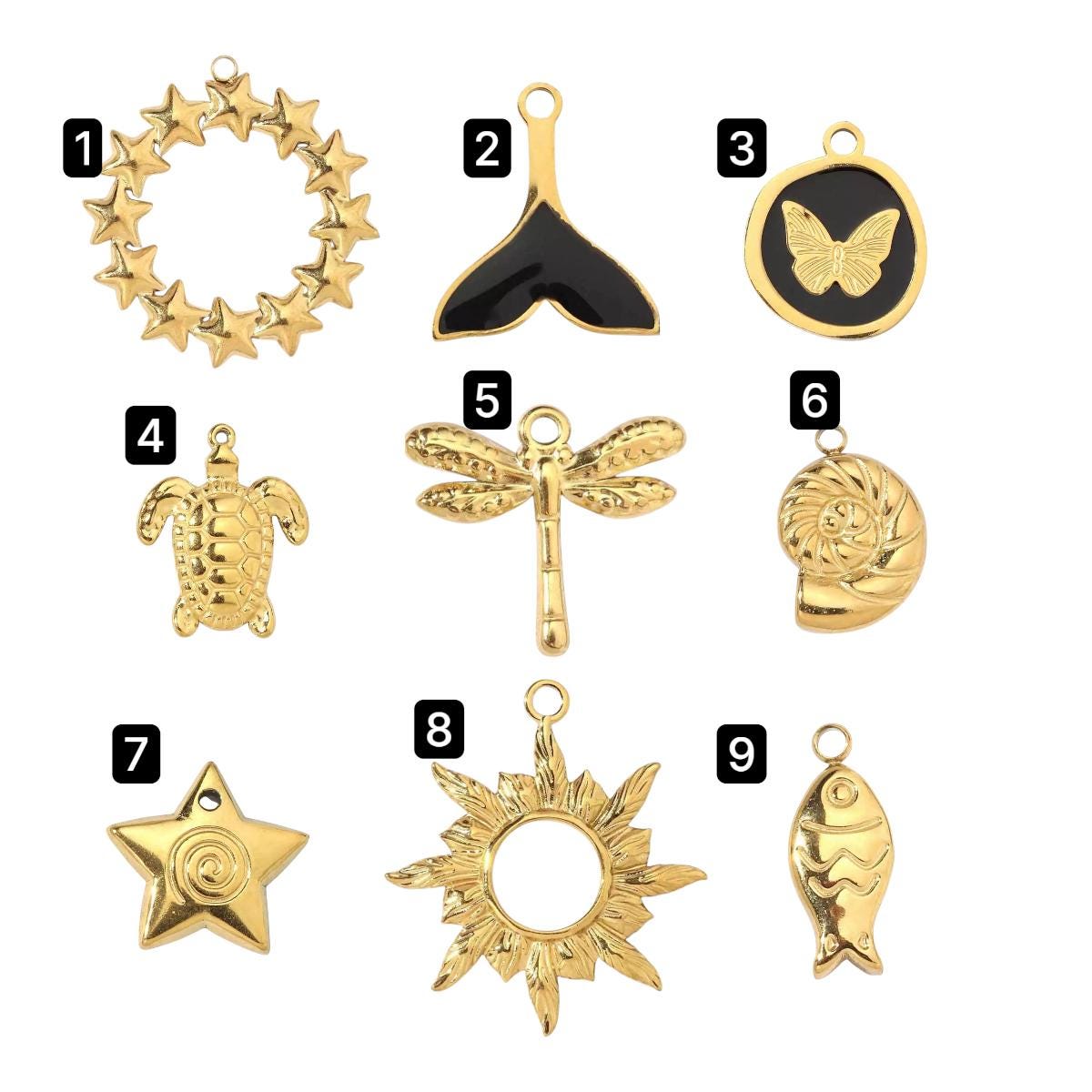 Gold Ocean & Nature Charms Collection, Starfish Turtle Dragonfly Fish Sun Pendant