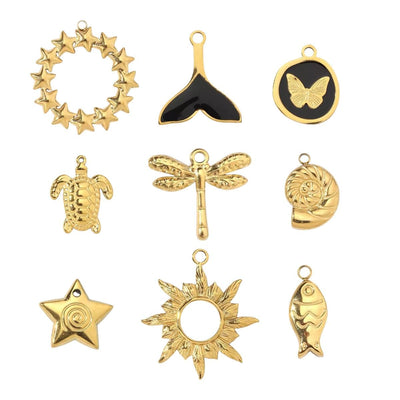 Gold Ocean & Nature Charms Collection, Starfish Turtle Dragonfly Fish Sun Pendant
