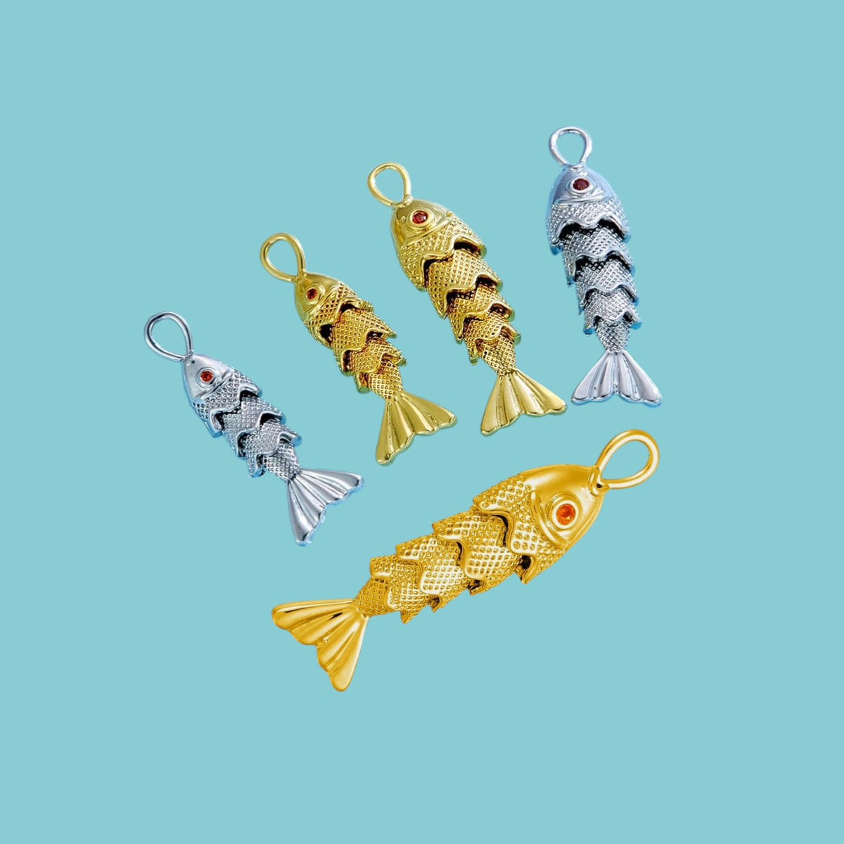Movable 3D Wiggling Fish charm,  Gold plated