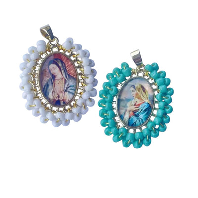 Virgin Mary Oval Pendant with Beaded Frame, Catholic Gold Religious Charm, Guadalupe Inspired Necklace Pendant