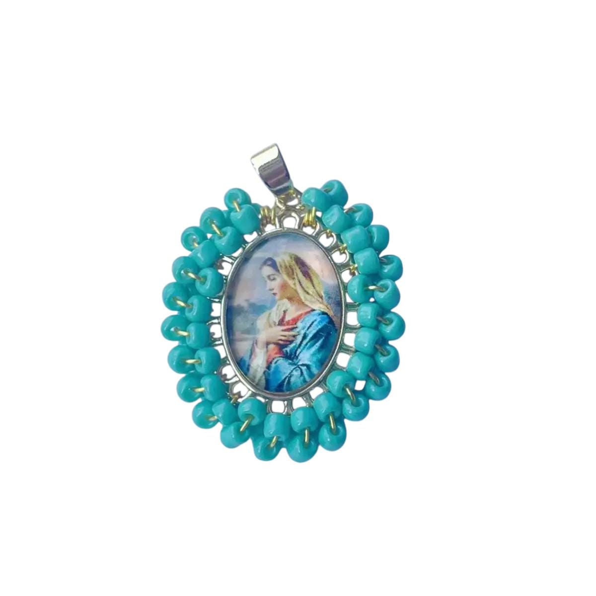 Virgin Mary Oval Pendant with Beaded Frame, Catholic Gold Religious Charm, Guadalupe Inspired Necklace Pendant