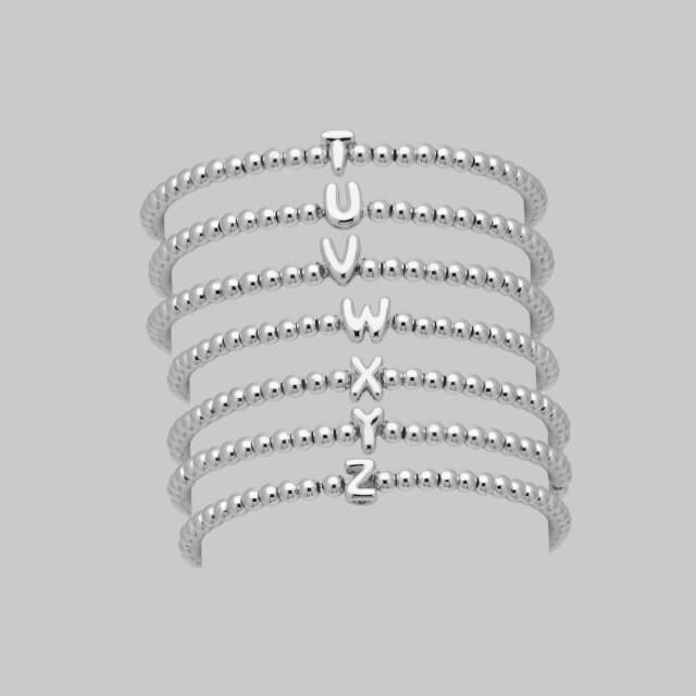 Silver Initial Beaded Bracelet  Stainless Steel Personalized Charm Accessory