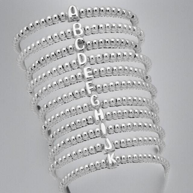 Silver Initial Beaded Bracelet  Stainless Steel Personalized Charm Accessory