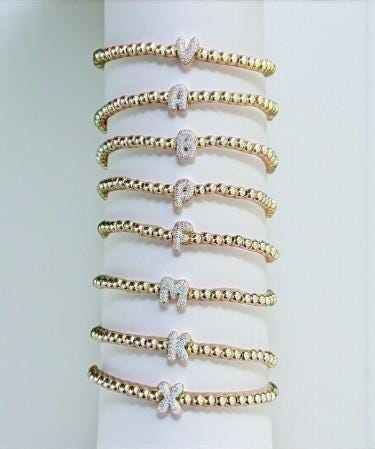 Gold Beaded CZ Initial Bracelet | Personalized Letter Bracelet |