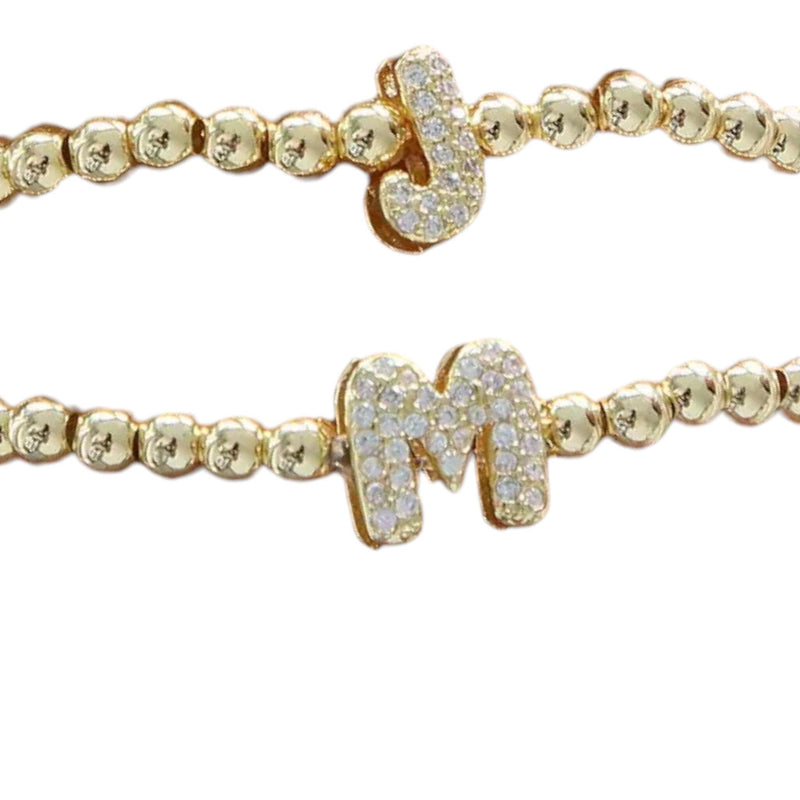 Gold Beaded CZ Initial Bracelet | Personalized Letter Bracelet |