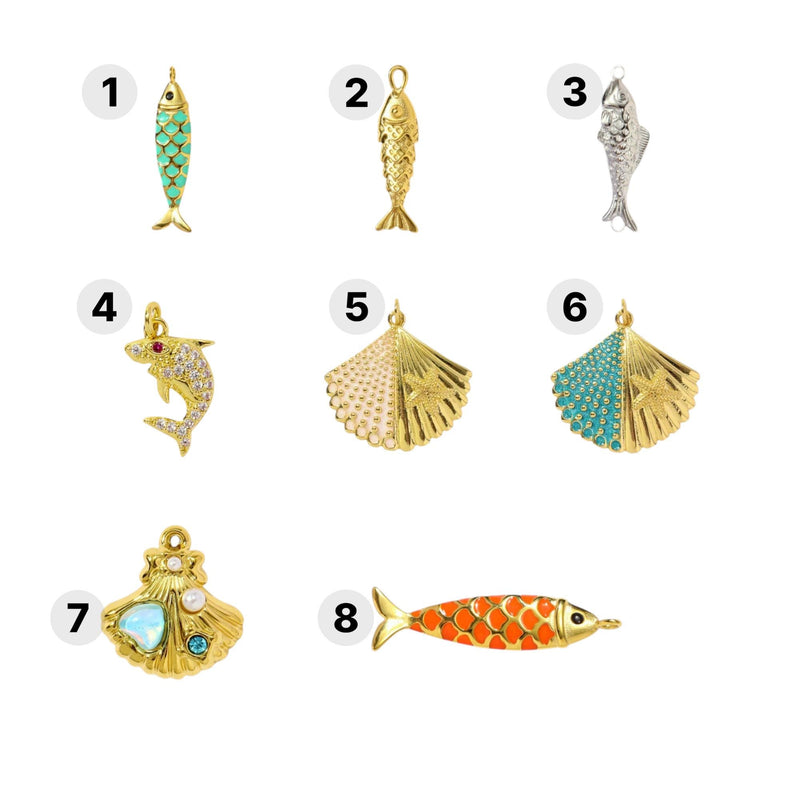 Gold Plated Ocean Charms  Fish, Shell & Shark CZ Enamel Pendants for Bracelets, Necklaces , Keychains