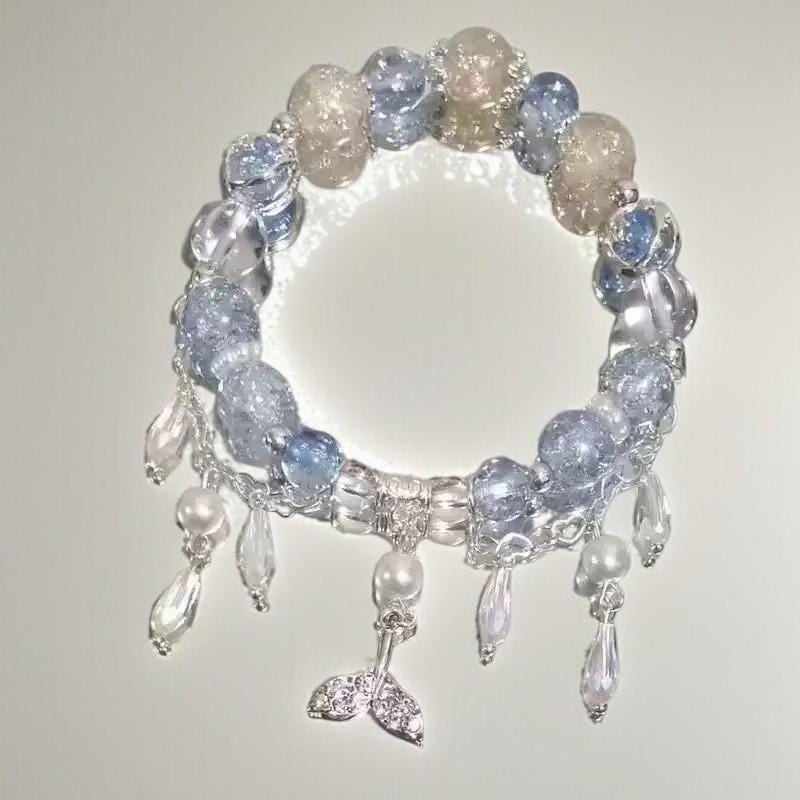 Mermaid Charm Bracelet, Ocean Blue Glass Beads, Silver Dangle Accents