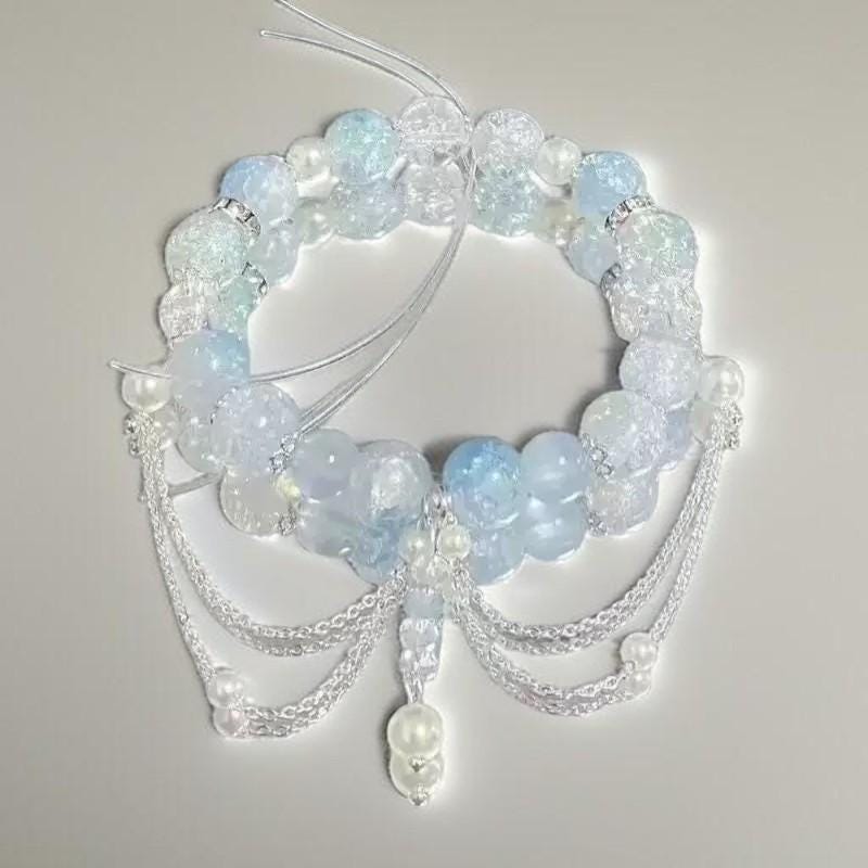 Mermaid Charm Bracelet, Ocean Blue Glass Beads, Silver Dangle Accents