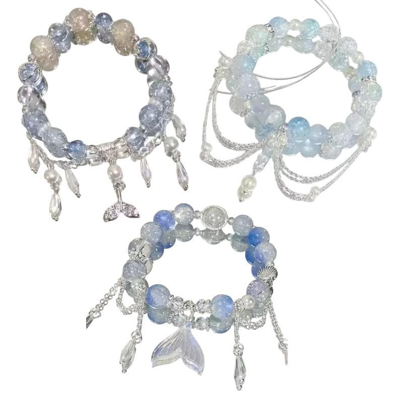 Mermaid Charm Bracelet, Ocean Blue Glass Beads, Silver Dangle Accents