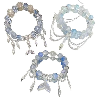 Mermaid Charm Bracelet, Ocean Blue Glass Beads, Silver Dangle Accents