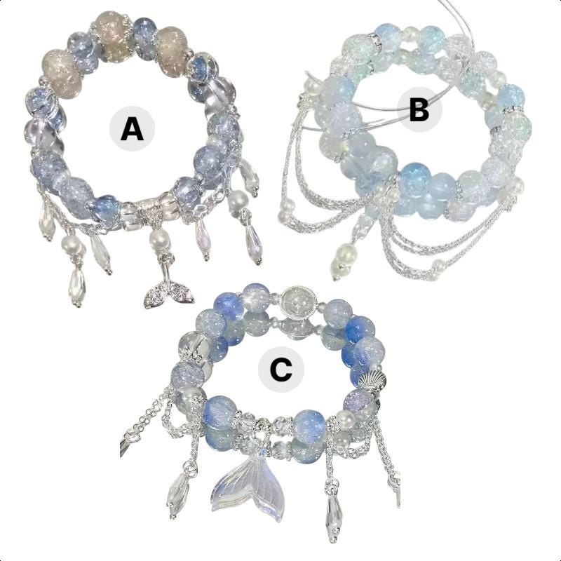 Mermaid Charm Bracelet, Ocean Blue Glass Beads, Silver Dangle Accents