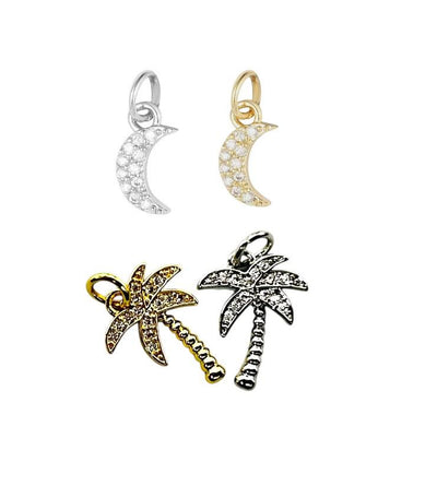 CZ Crescent Moon Charm & Palm Tree Pendant, Gold and Silver Pave Dangle Charms