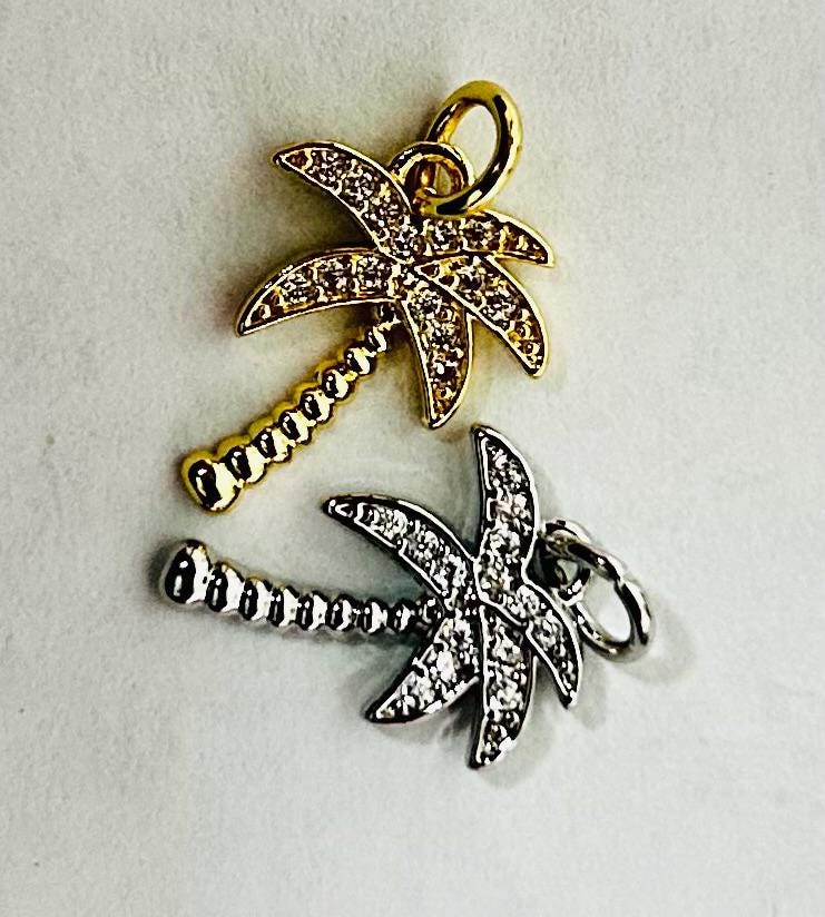 CZ Crescent Moon Charm & Palm Tree Pendant, Gold and Silver Pave Dangle Charms