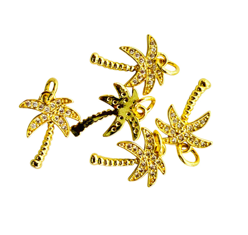 CZ Crescent Moon Charm & Palm Tree Pendant, Gold and Silver Pave Dangle Charms