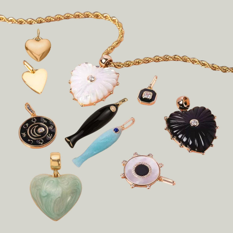 Gold Plated Charm Collection, Heart, Fish, Evil Eye - Zodiac Charms, Enamel - Stone Pendants