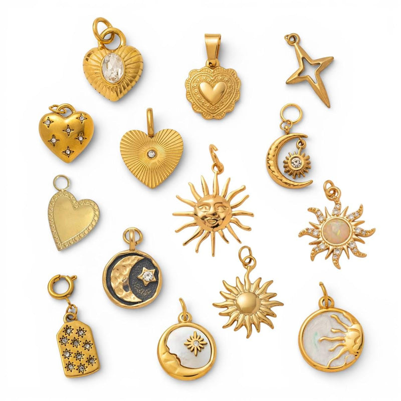 Gold Plated Celestial & Heart Charms, Sun Moon Star Pendant Collection, Stainless Steel -CZ-Opal