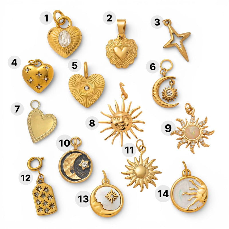 Gold Plated Celestial & Heart Charms, Sun Moon Star Pendant Collection, Stainless Steel -CZ-Opal