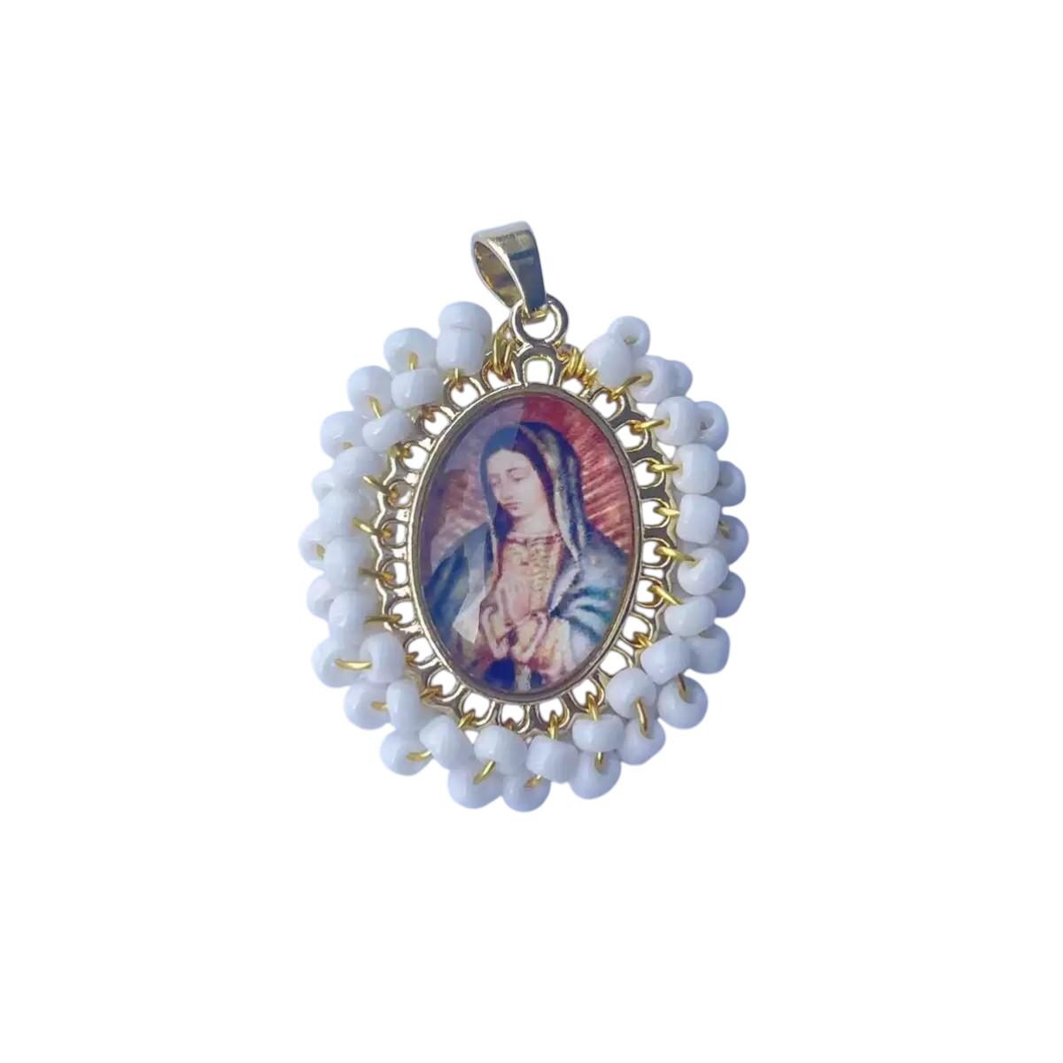 Virgin Mary Oval Pendant with Beaded Frame, Catholic Gold Religious Charm, Guadalupe Inspired Necklace Pendant