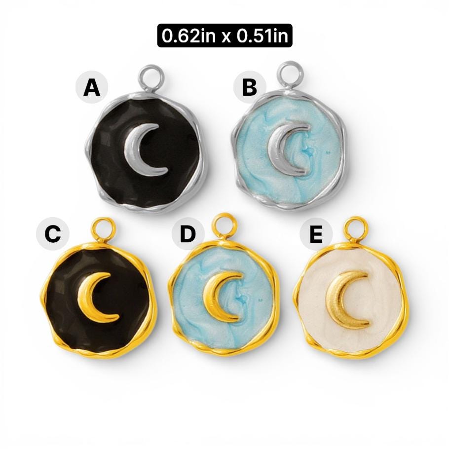Crescent Moon Enamel Charm, Gold or Silver