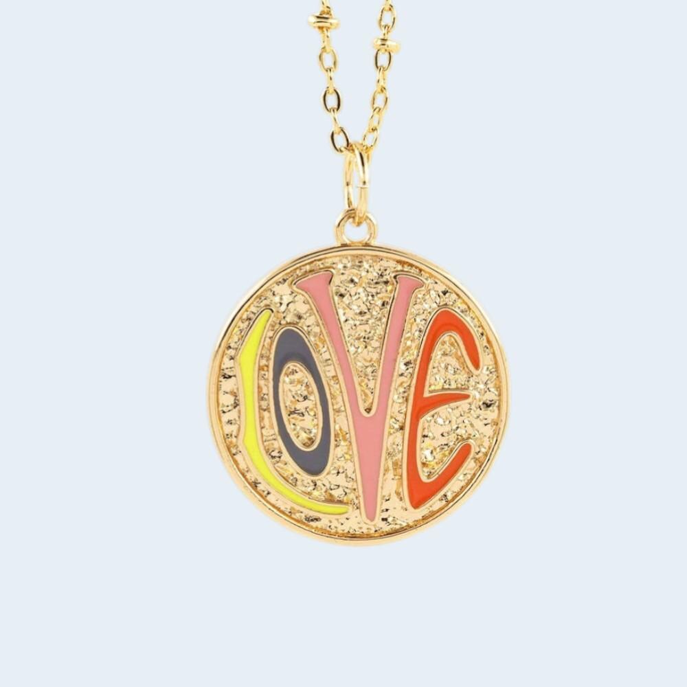 Colorful LOVE Charm Pendant, Gold Round Enamel Love Medallion