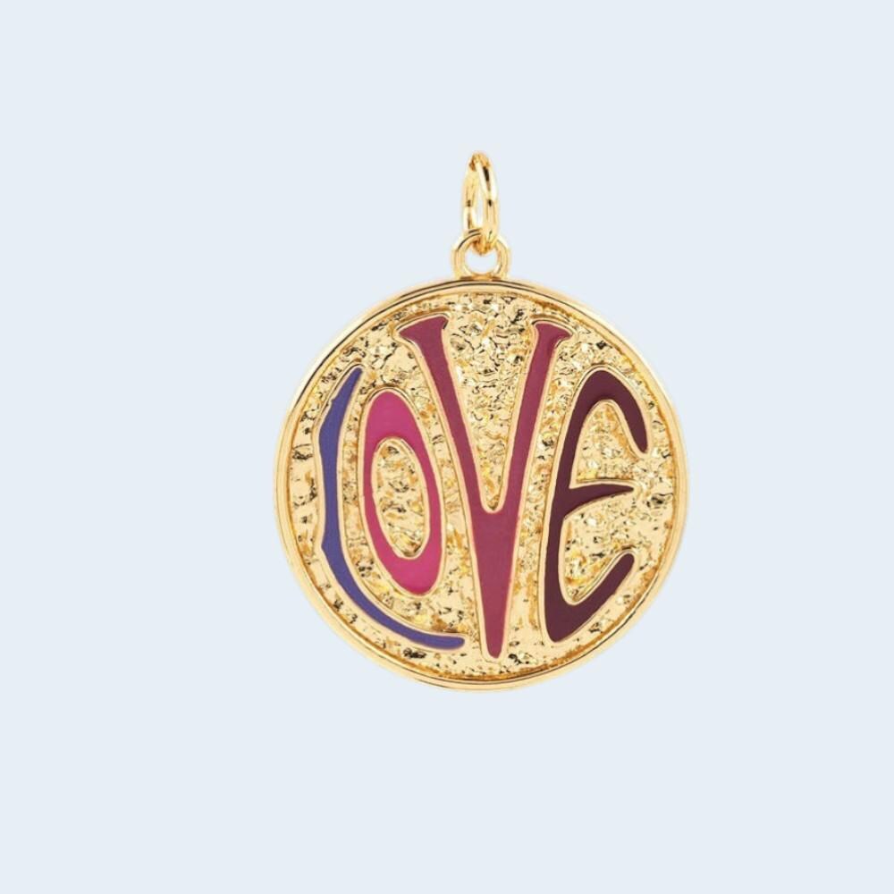 Colorful LOVE Charm Pendant, Gold Round Enamel Love Medallion
