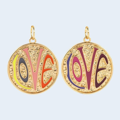 Colorful LOVE Charm Pendant, Gold Round Enamel Love Medallion