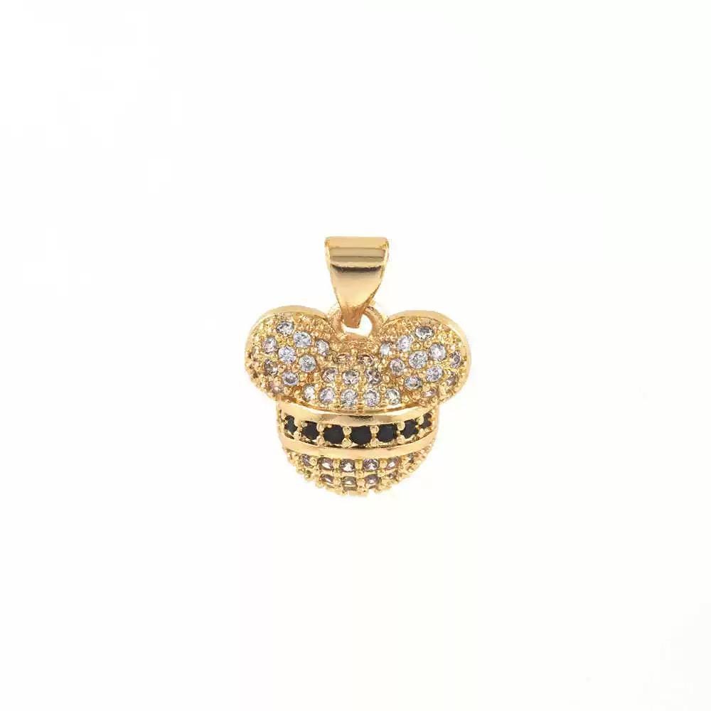 Gold Mouse Head Charm Pendant, CZ Pave Cartoon Inspired Charm