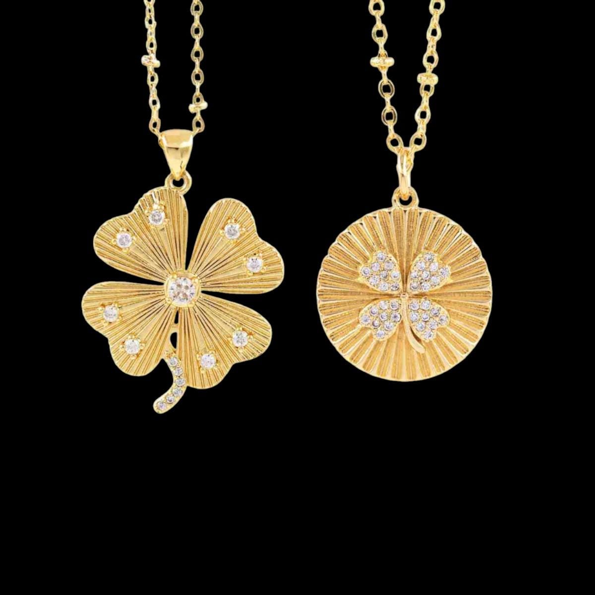Gold Four Leaf Clover Pendant, CZ Lucky Shamrock Charm