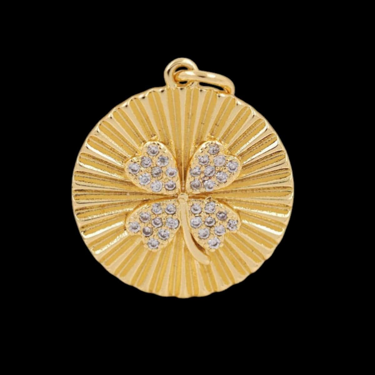 Gold Four Leaf Clover Pendant, CZ Lucky Shamrock Charm