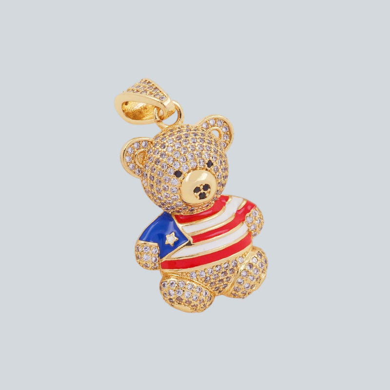 Gold Teddy Bear Pendant with American Flag Shirt, CZ Pave Bear Charm,