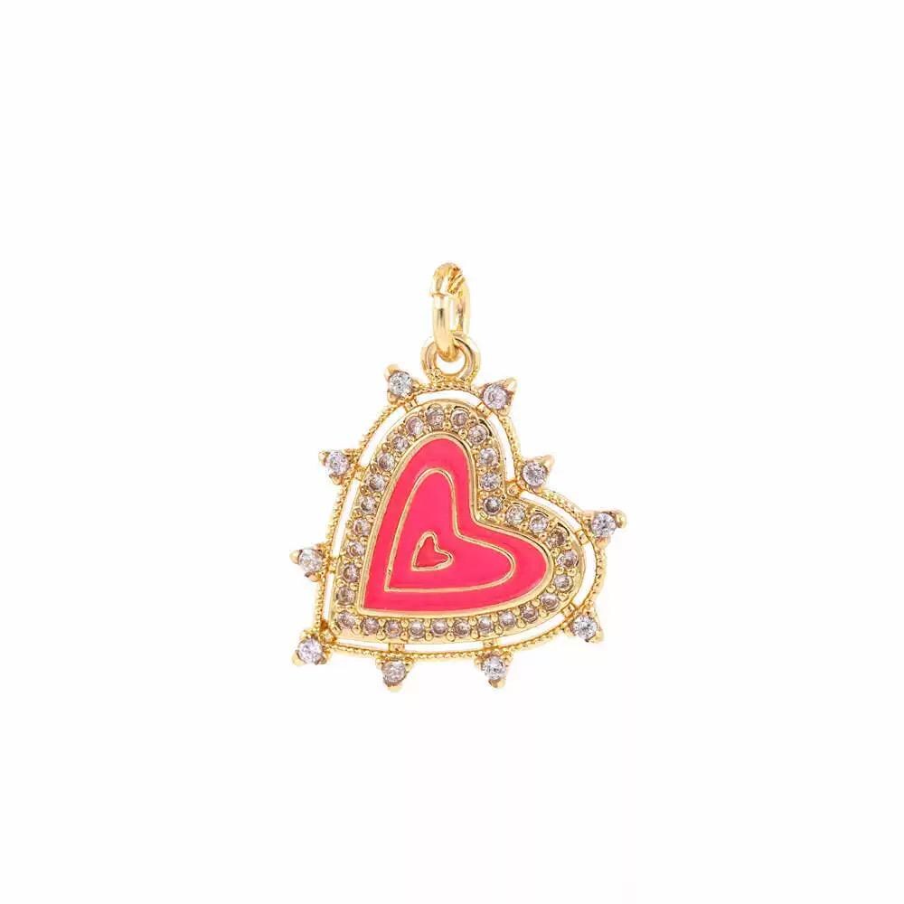 Pink Enamel Heart Charm Pendant, Gold CZ Pave Love Charm