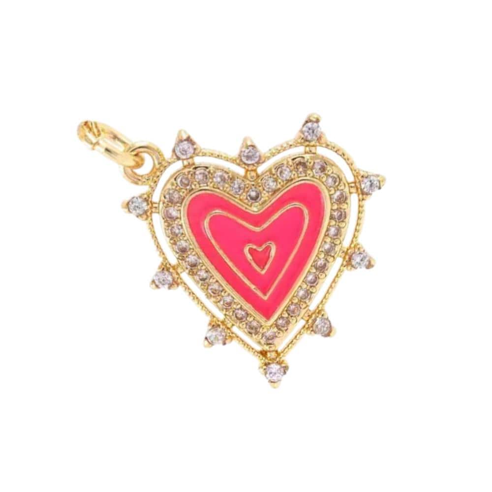 Pink Enamel Heart Charm Pendant, Gold CZ Pave Love Charm