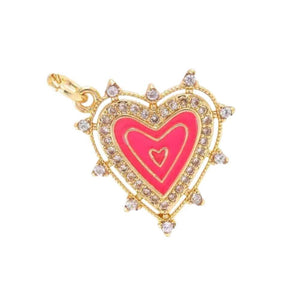 Pink Enamel Heart Charm Pendant, Gold CZ Pave Love Charm