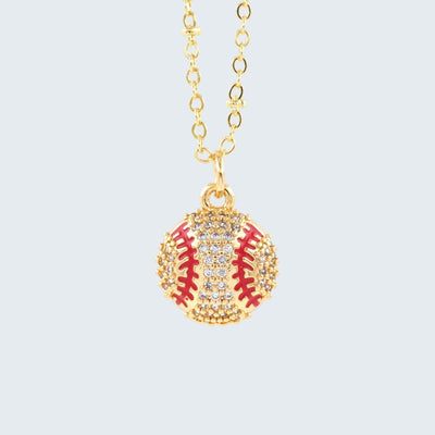 Gold Baseball Necklace, CZ Pave Baseball Pendant
