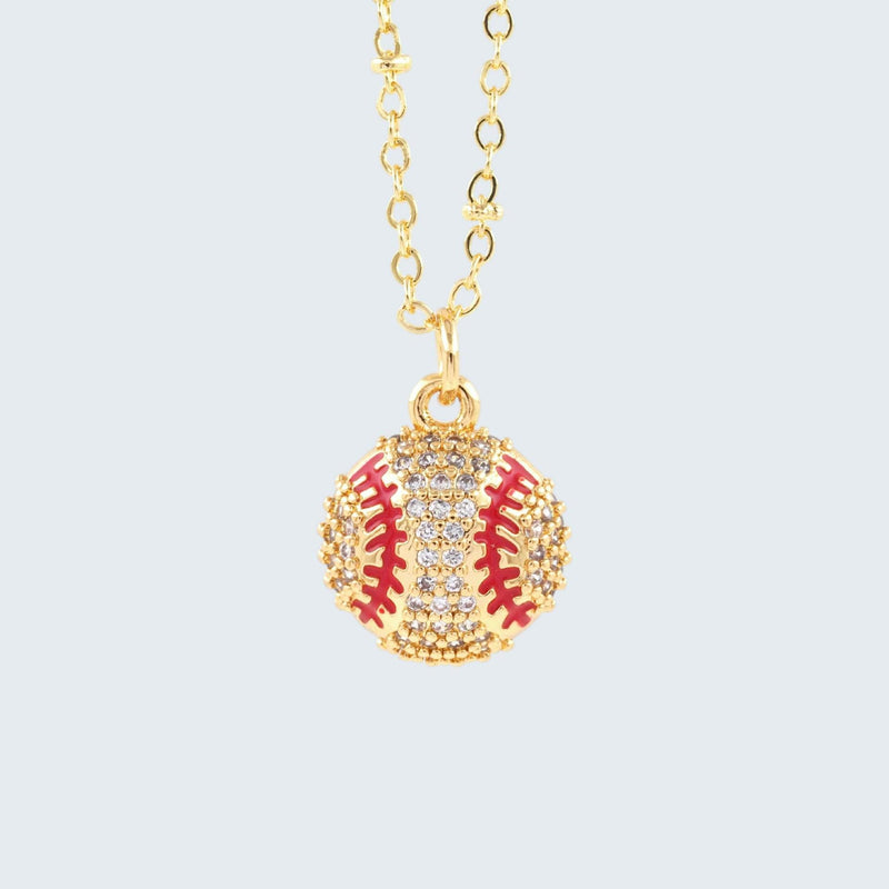 Gold Baseball Necklace, CZ Pave Baseball Pendant