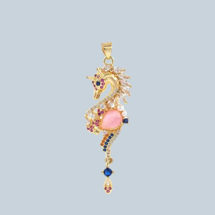 Gold Plated Seahorse , Colorful CZ Ocean Pendant