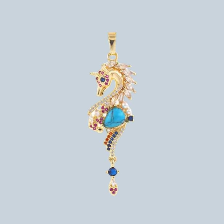 Gold Plated Seahorse , Colorful CZ Ocean Pendant