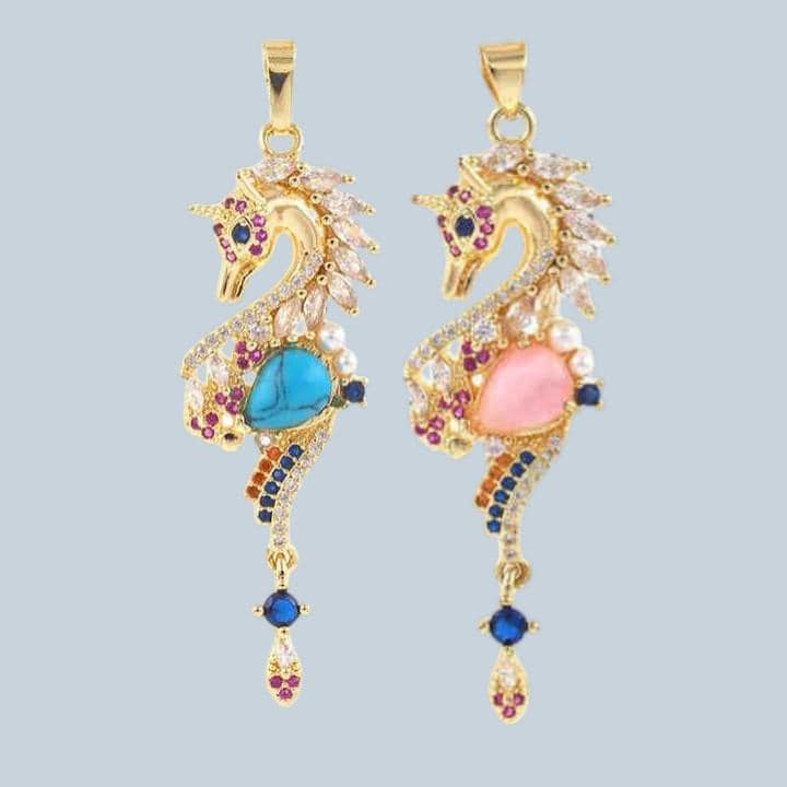 Gold Plated Seahorse , Colorful CZ Ocean Pendant