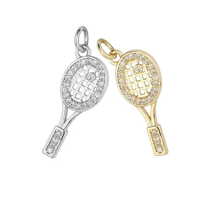 CZ Tennis Racket Charm Pendant, Gold or Silver Sports Charm