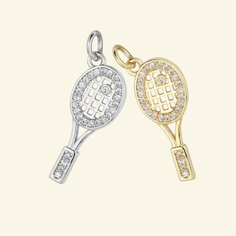 CZ Tennis Racket Charm Pendant, Gold or Silver Sports Charm
