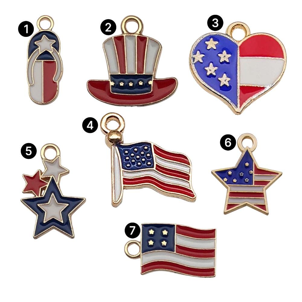 Patriotic Enamel Charms, USA Flag, Uncle Sam Hat, Heart, Stars, 4th July Jewelry Supplies