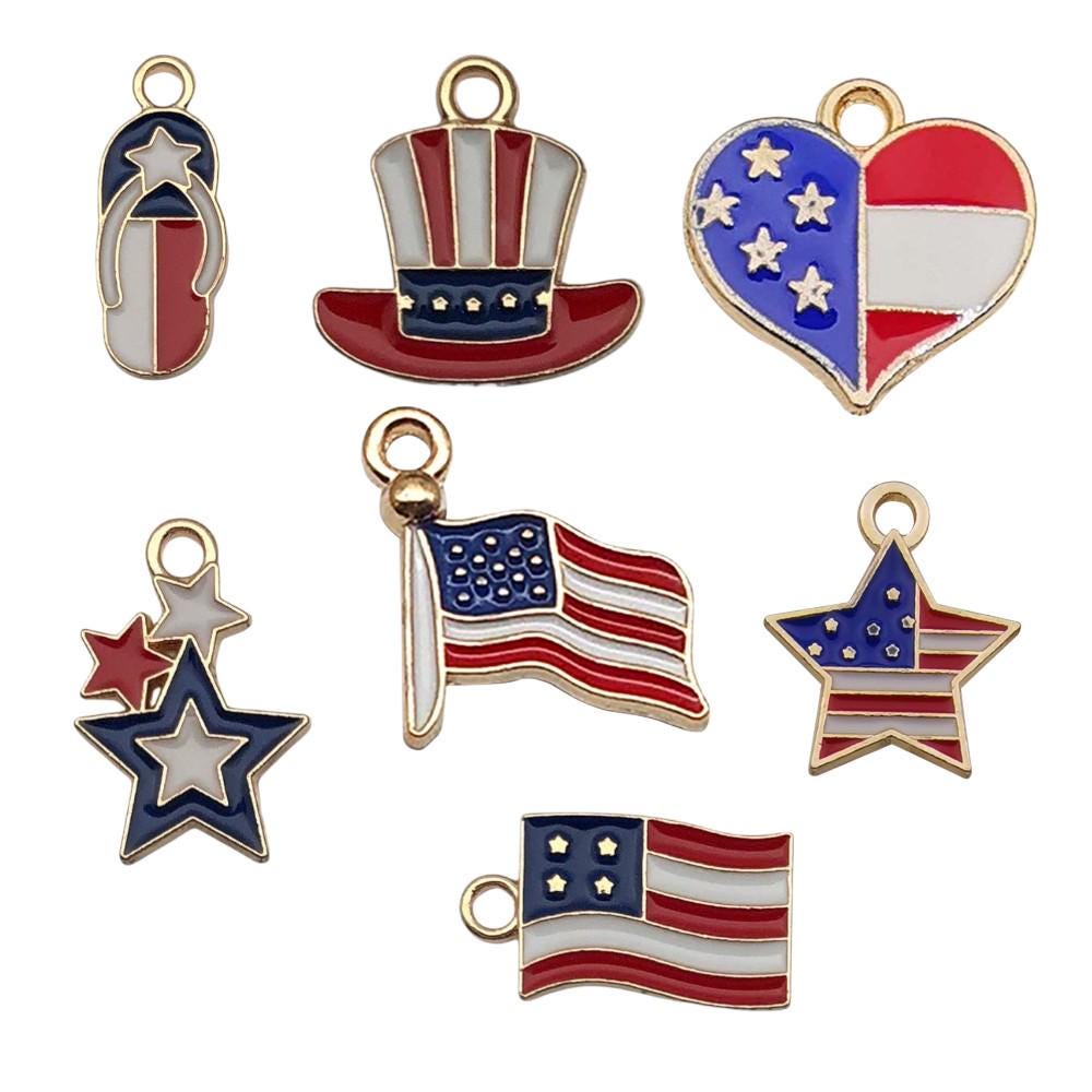 Patriotic Enamel Charms, USA Flag, Uncle Sam Hat, Heart, Stars, 4th July Jewelry Supplies