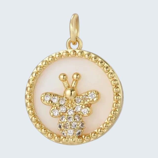 Gold Plated Bee Charm Pendant, CZ Honeybee Medallion, Round Enamel Inlay Charm, 16mm