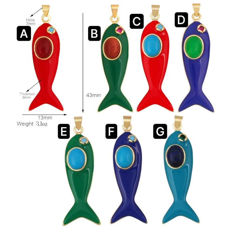 Gold Plated Enamel Fish Charm Pendant, Colorful Stone, 43mm Statement Jewelry