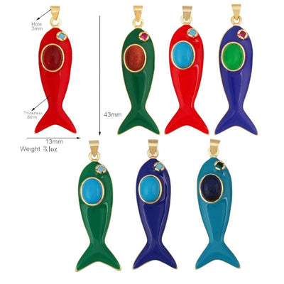 Gold Plated Enamel Fish Charm Pendant, Colorful Stone, 43mm Statement Jewelry