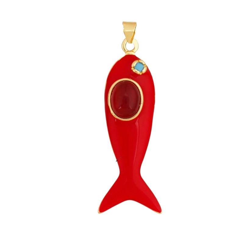 Gold Plated Enamel Fish Charm Pendant, Colorful Stone, 43mm Statement Jewelry